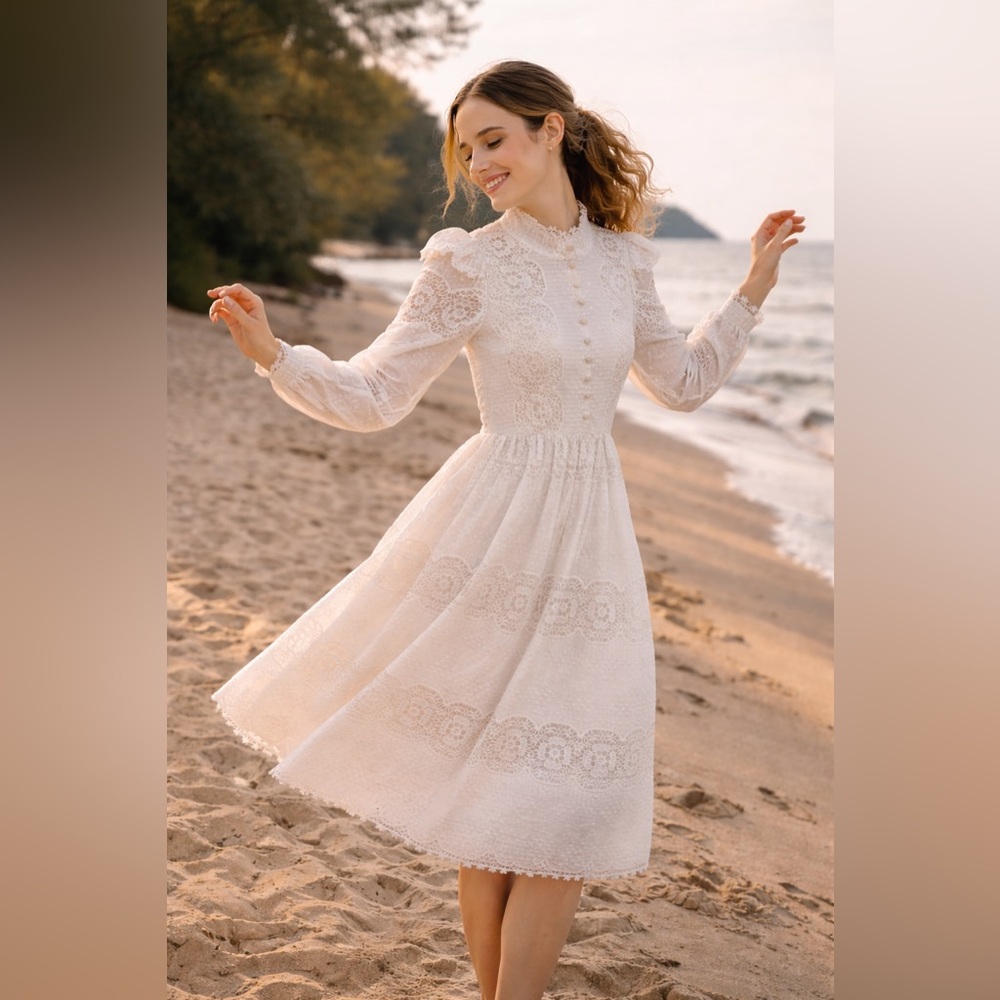Dalia McPhee White Guipure Lace Maxi Dress High Neck Puff Sleeve Victorian Boho